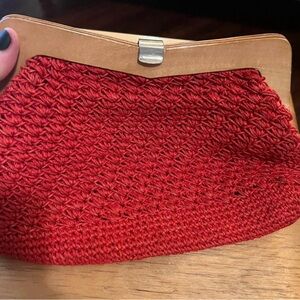 Vintage red woven purse with wooden closure